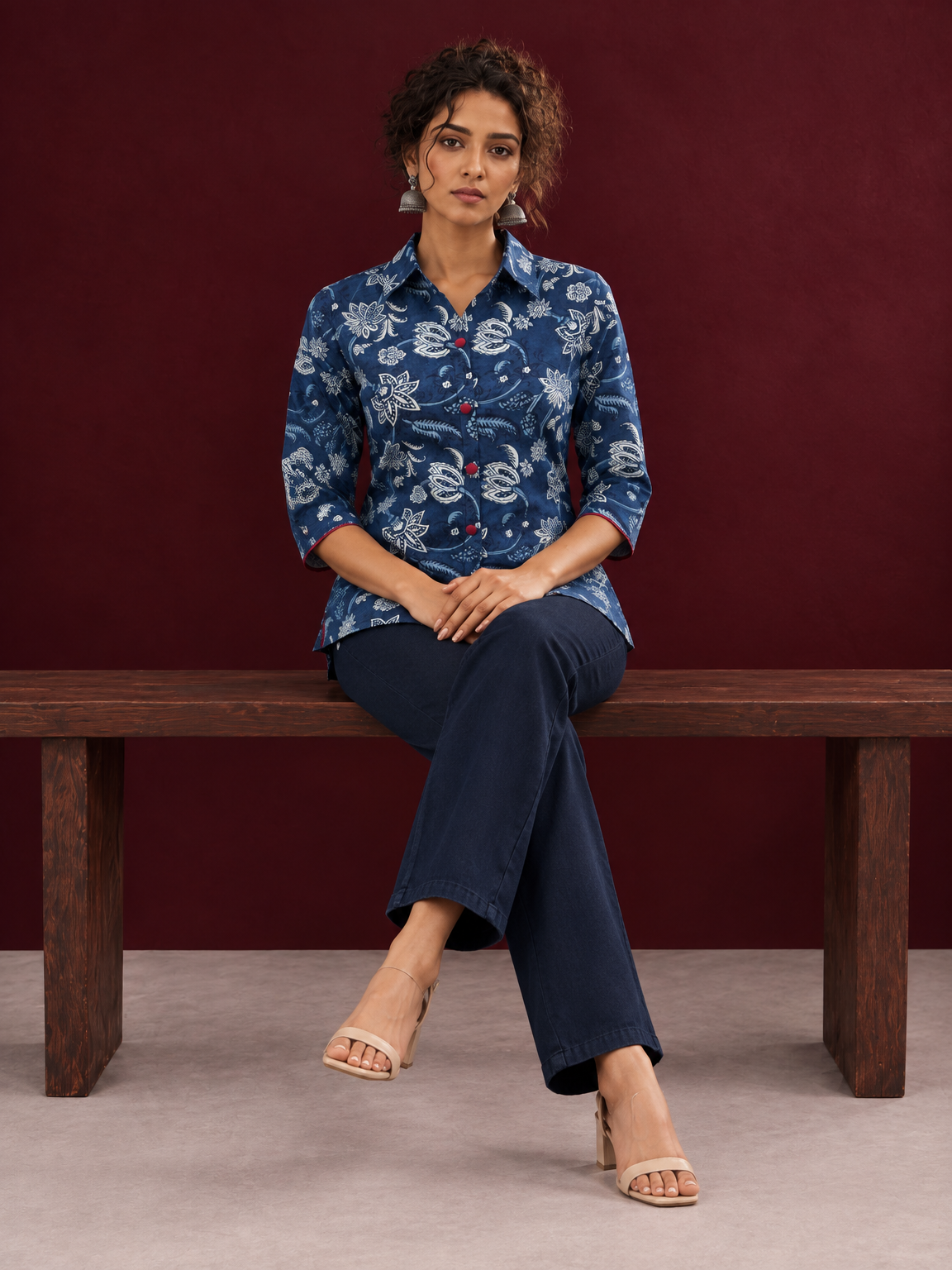 Indigo Blue Cotton Shirt with Floral Print and Contrast Maroon Button Placket — seated — view 4