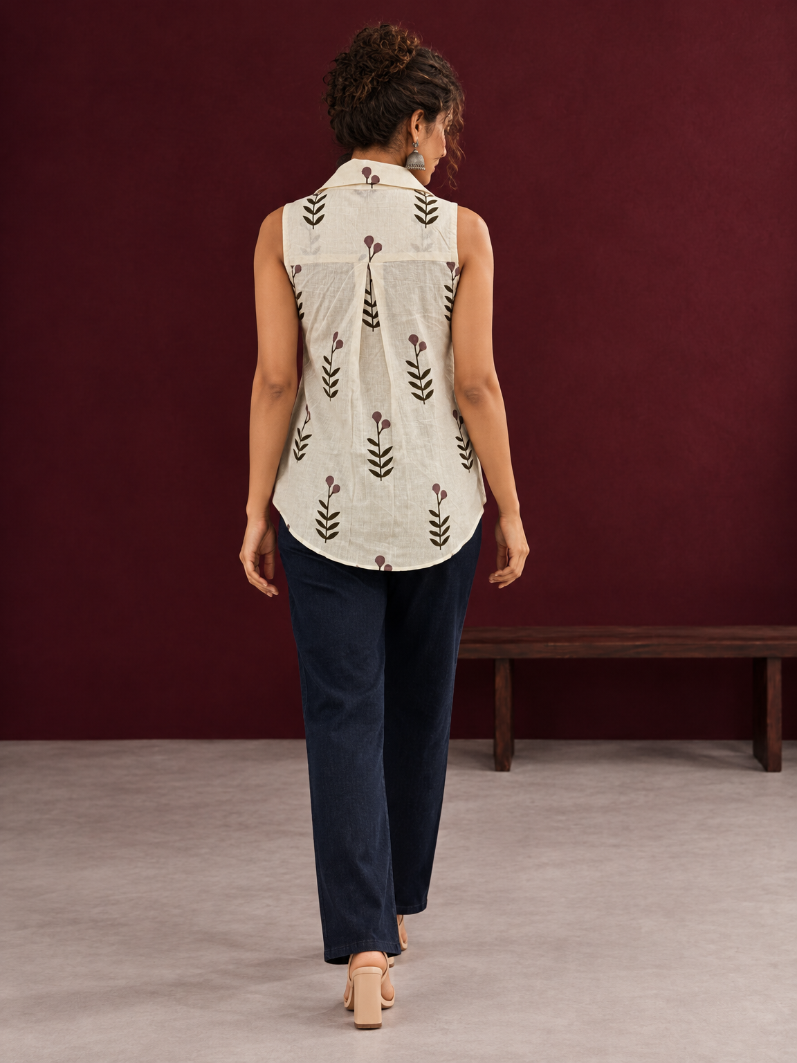 Cream Cotton Sleeveless Shirt with Collared Neckline and Botanical Leaf Print — back view — view 5