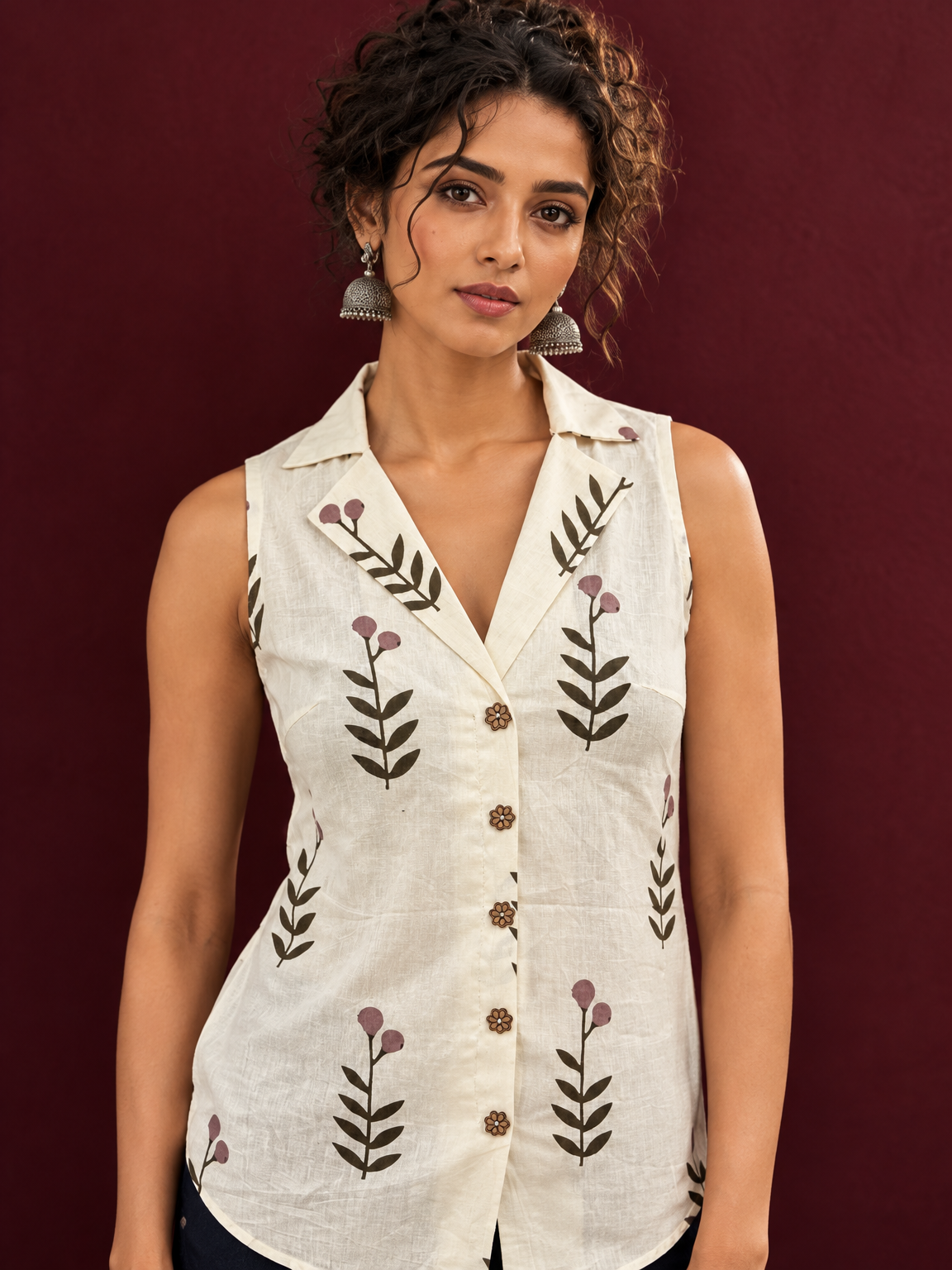 Cream Cotton Sleeveless Shirt with Collared Neckline and Botanical Leaf Print — styled view — view 4