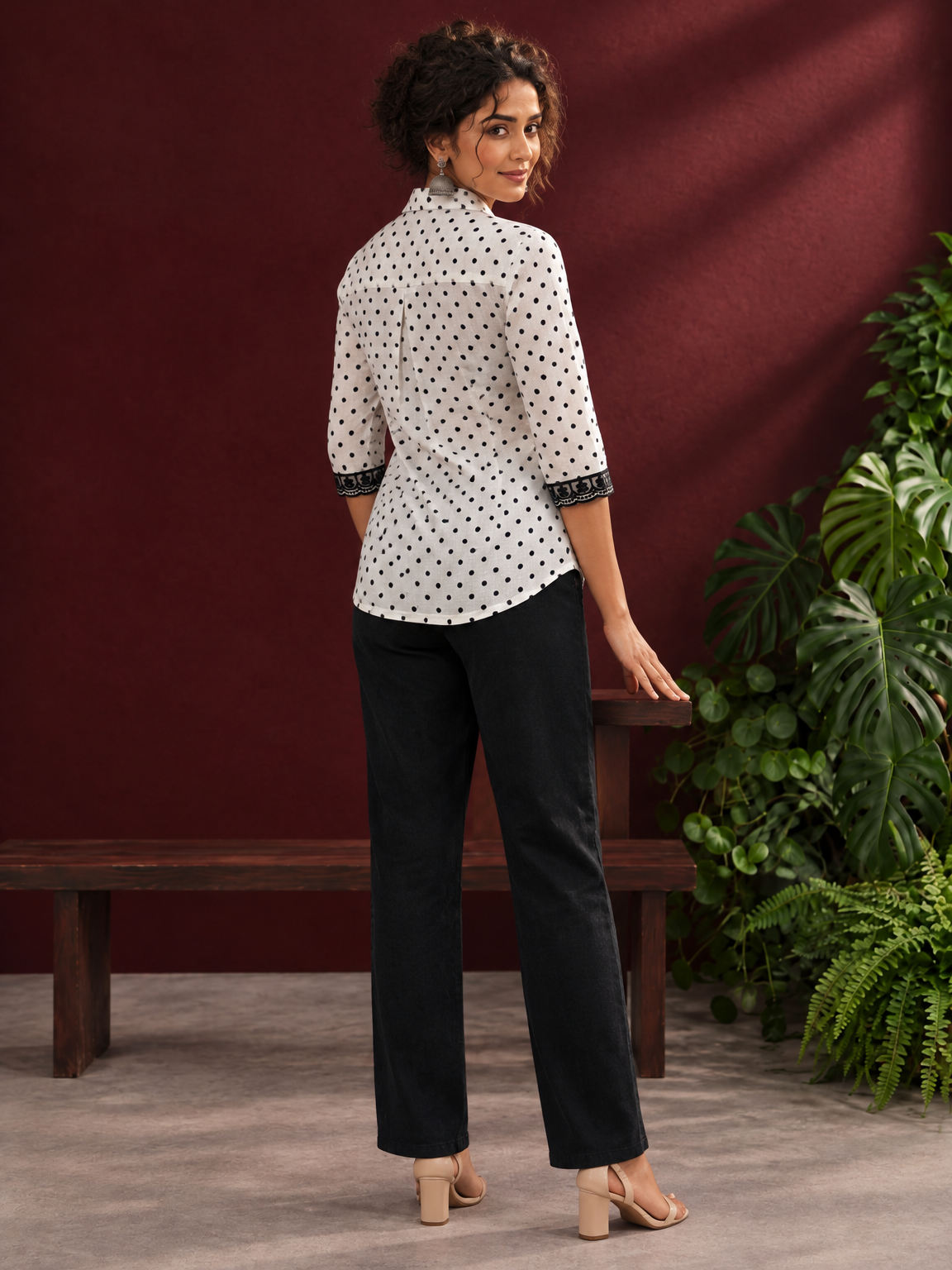 Classic White Cotton Shirt with Black Polka Dot Print and Contrast Lace Cuff Detail — back view — view 5