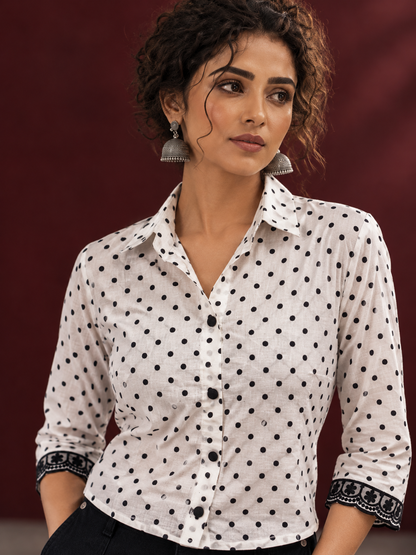 Classic White Cotton Shirt with Black Polka Dot Print and Contrast Lace Cuff Detail — fabric detail