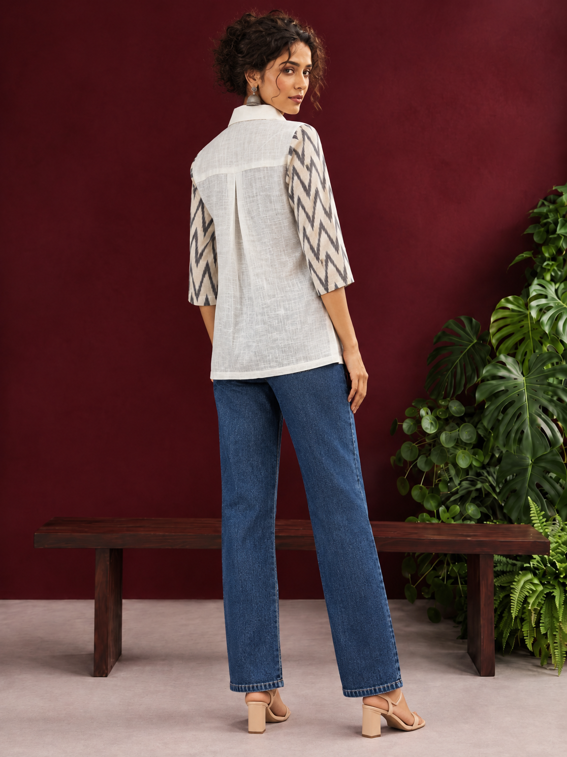 White Cotton Shirt with Contrast Grey Ikat Zigzag Print Sleeves — back view — view 5
