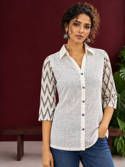 White Cotton Shirt with Contrast Grey Ikat Zigzag Print Sleeves — fabric detail
