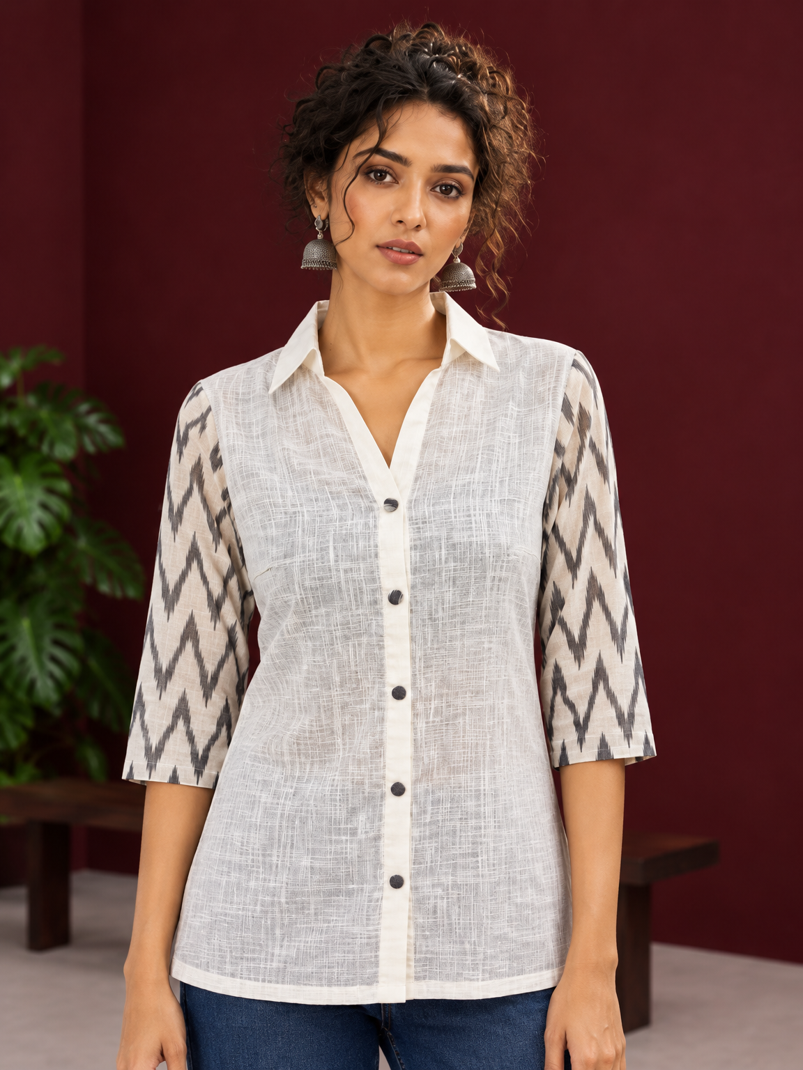 White Cotton Shirt with Contrast Grey Ikat Zigzag Print Sleeves — styled view — view 4