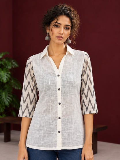 White Cotton Shirt with Contrast Grey Ikat Zigzag Print Sleeves — styled view