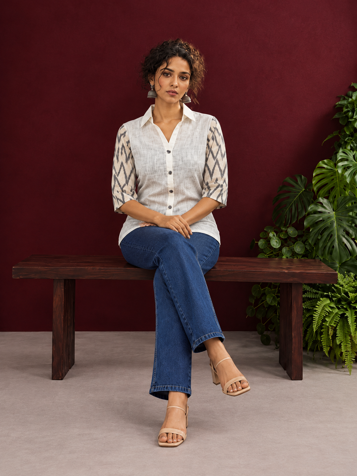 White Cotton Shirt with Contrast Grey Ikat Zigzag Print Sleeves