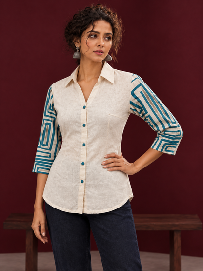 Classic Off-White Cotton Shirt with Teal Abstract Printed Sleeves and Collared Neckline — fabric detail