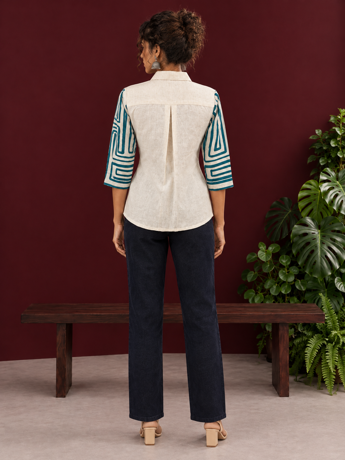 Classic Off-White Cotton Shirt with Teal Abstract Printed Sleeves and Collared Neckline — back view — view 5