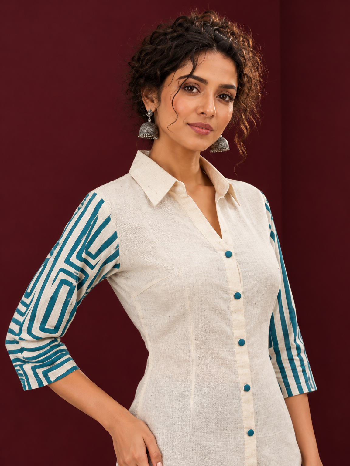 Classic Off-White Cotton Shirt with Teal Abstract Printed Sleeves and Collared Neckline — styled view — view 4