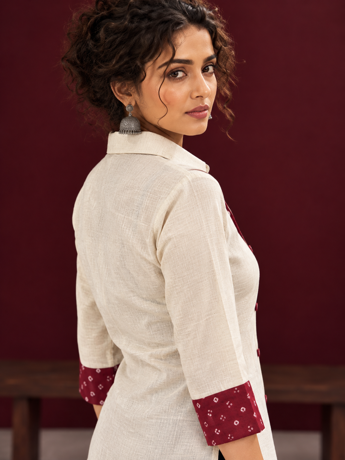 Classic Off-White Cotton Shirt with Maroon Printed Placket & Contrast Sleeve Cuffs — fabric detail — view 4