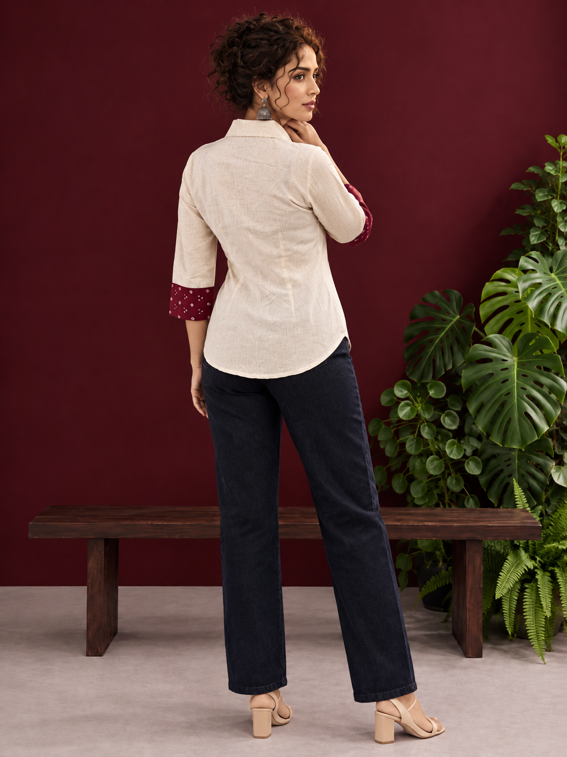 Classic Off-White Cotton Shirt with Maroon Printed Placket & Contrast Sleeve Cuffs — back view — view 5