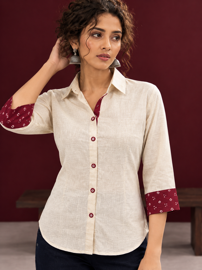 Classic Off-White Cotton Shirt with Maroon Printed Placket & Contrast Sleeve Cuffs — styled view