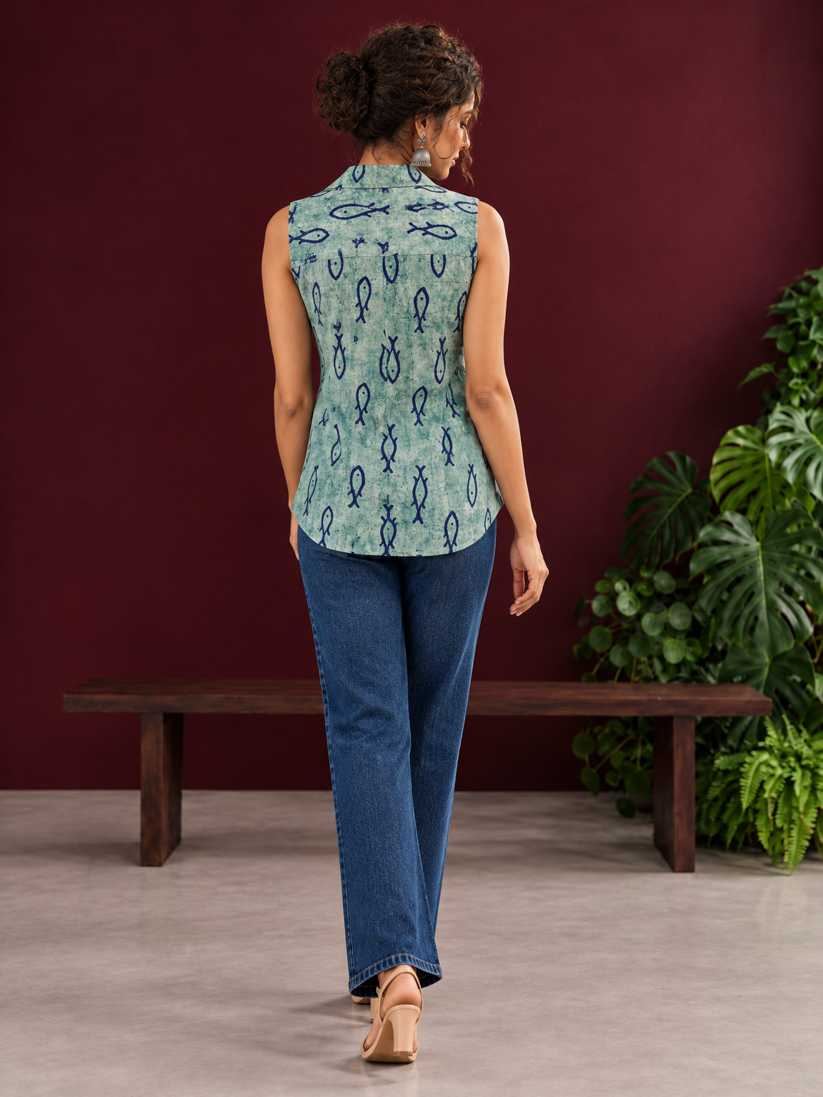 Blue Printed Cotton Sleeveless Shirt with Fish Motif & Collared Neckline — back view — view 5