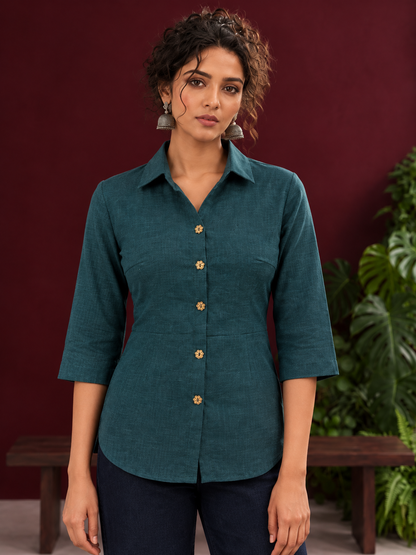 Classic Bottle Green Cotton Shirt with Ajrakh Floral Print Cuffs and Contrast Buttons — styled view