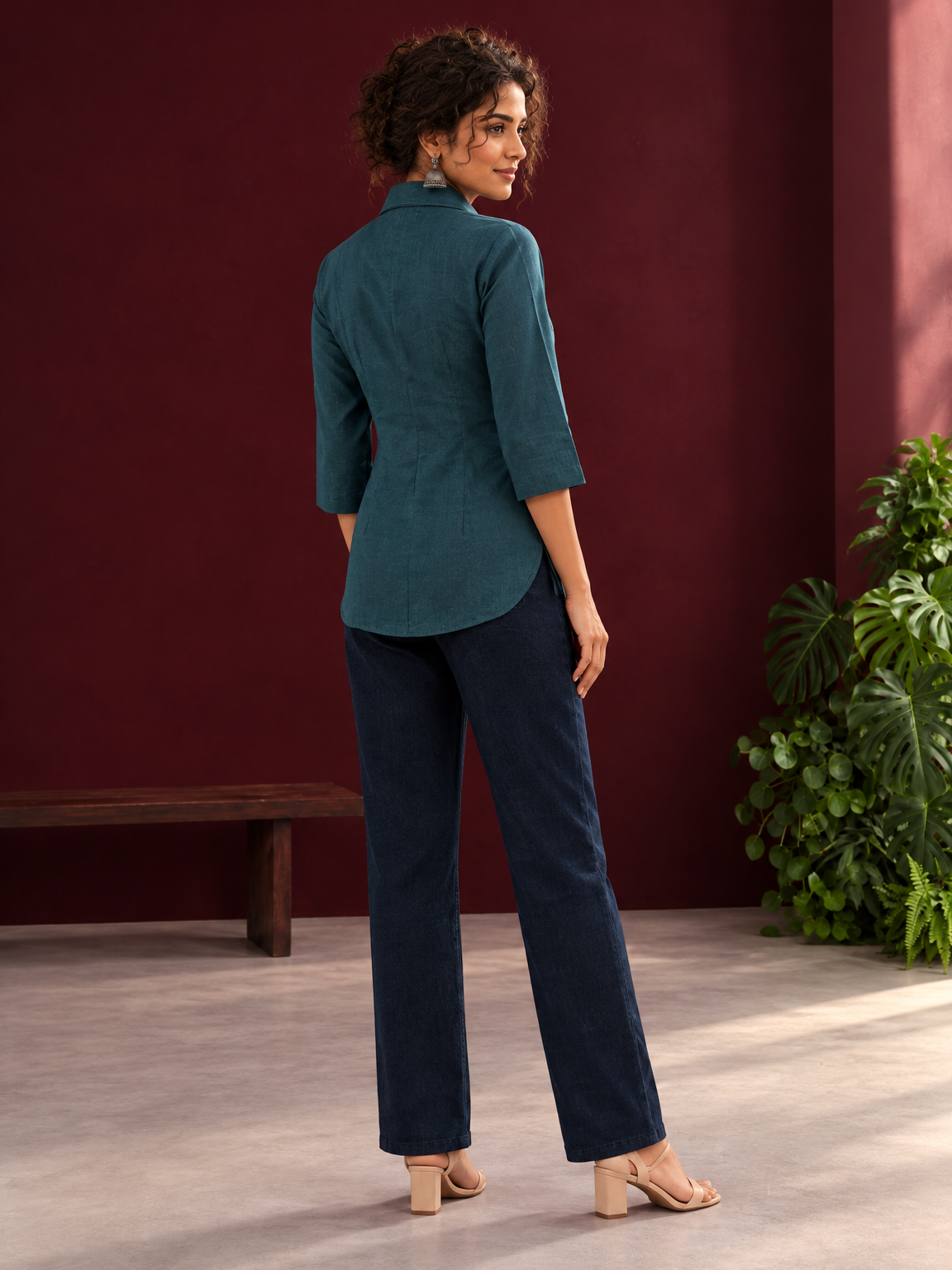 Classic Bottle Green Cotton Shirt with Ajrakh Floral Print Cuffs and Contrast Buttons — back view — view 5