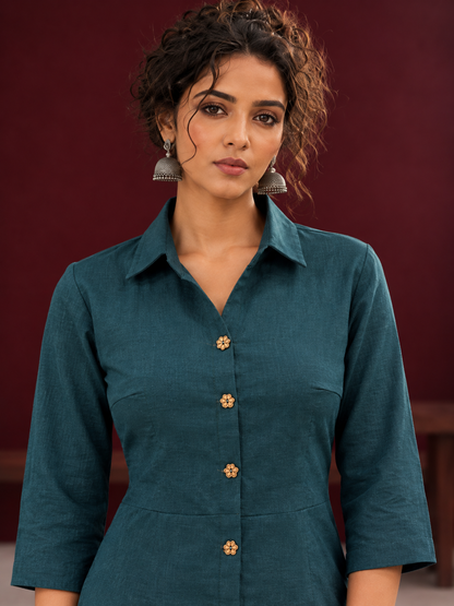Classic Bottle Green Cotton Shirt with Ajrakh Floral Print Cuffs and Contrast Buttons — fabric detail