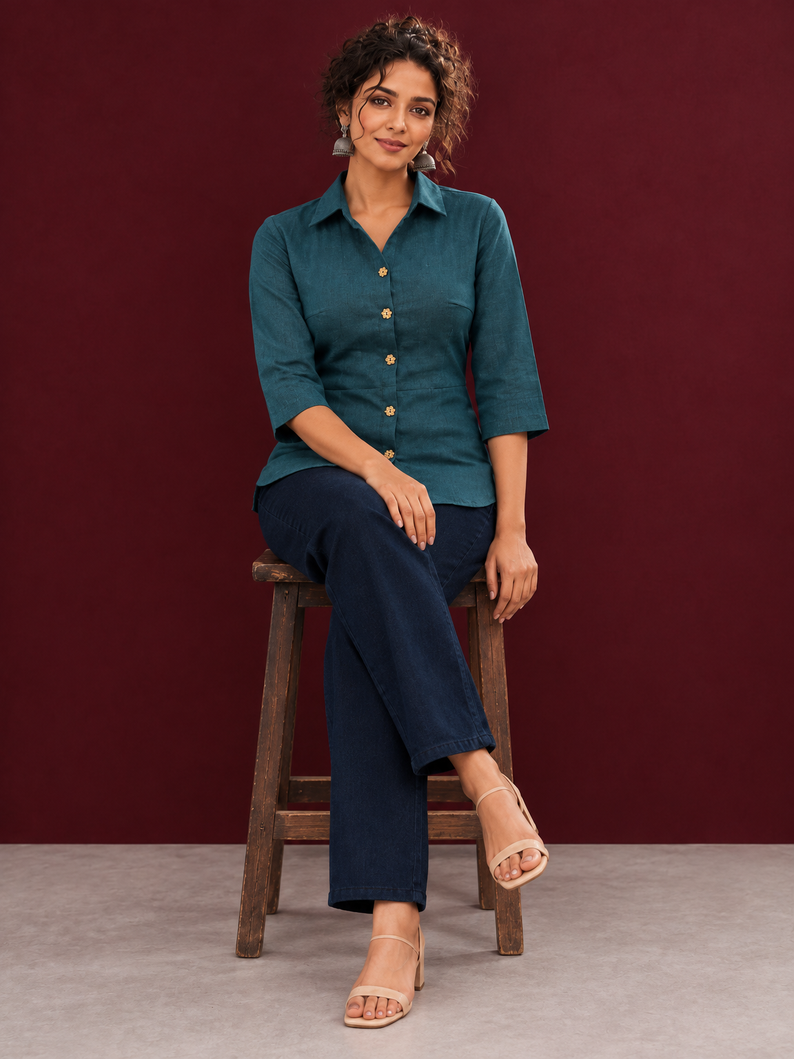 Classic Bottle Green Cotton Shirt with Ajrakh Floral Print Cuffs and Contrast Buttons