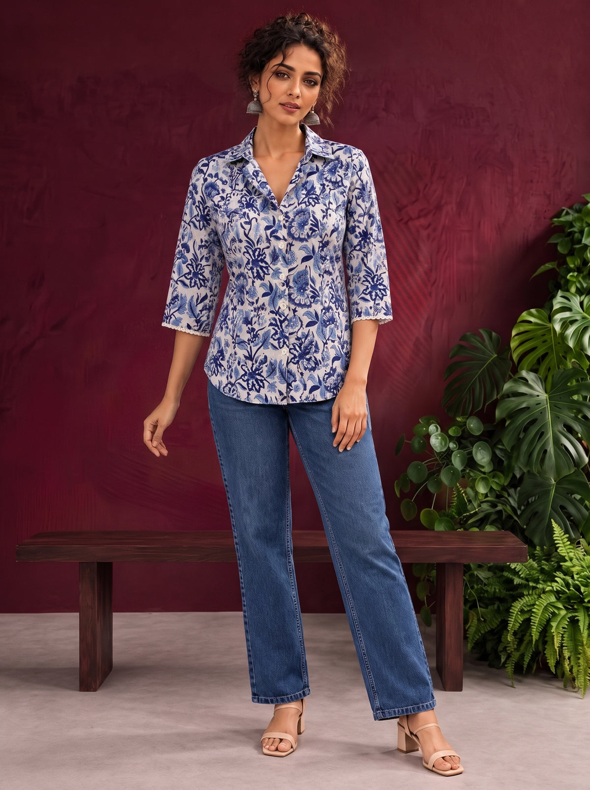Classic White Cotton Shirt with Allover Blue Floral Print & Collared Neckline — fabric detail — view 2