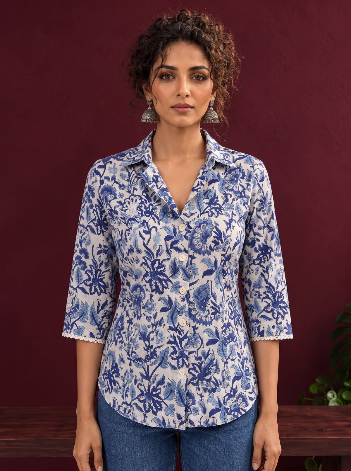 Classic White Cotton Shirt with Allover Blue Floral Print & Collared Neckline — styled view — view 4