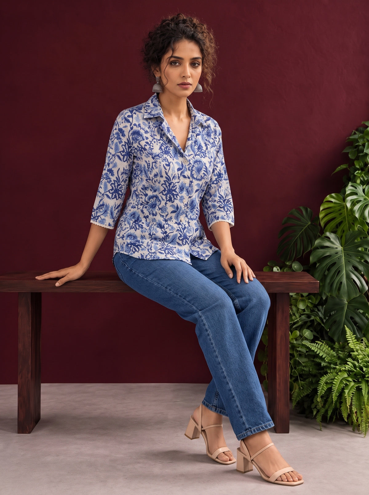 Classic White Cotton Shirt with Allover Blue Floral Print & Collared Neckline — seated — view 3