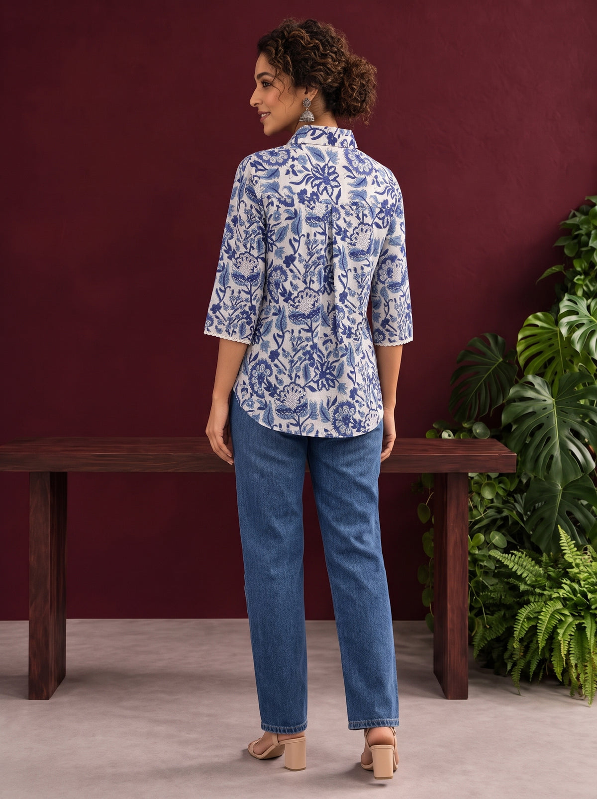Classic White Cotton Shirt with Allover Blue Floral Print & Collared Neckline — back view — view 5