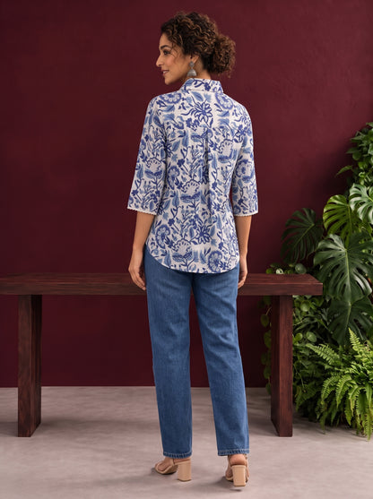 Classic White Cotton Shirt with Allover Blue Floral Print & Collared Neckline — back view