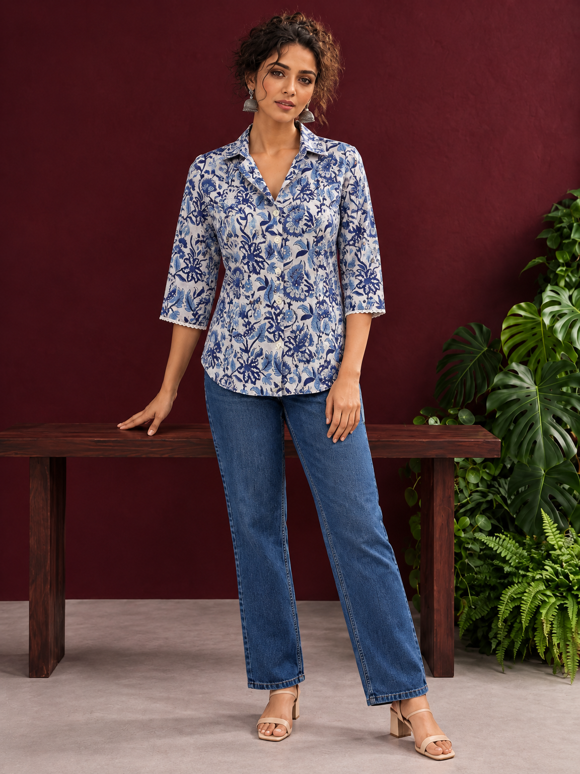 Classic White Cotton Shirt with Allover Blue Floral Print & Collared Neckline