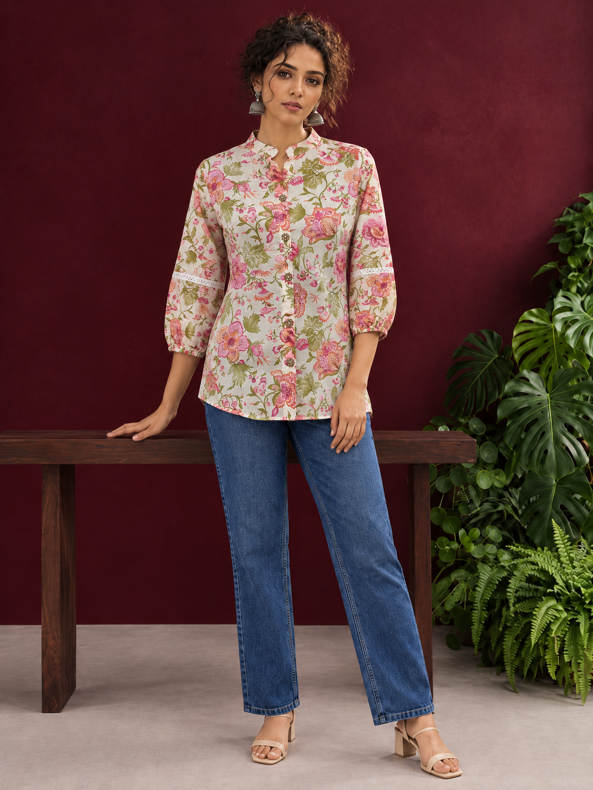 Ivory Cotton Floral Printed Shirt with Mandarin Collar and Lace-Trimmed Balloon Sleeves — front view — view 2