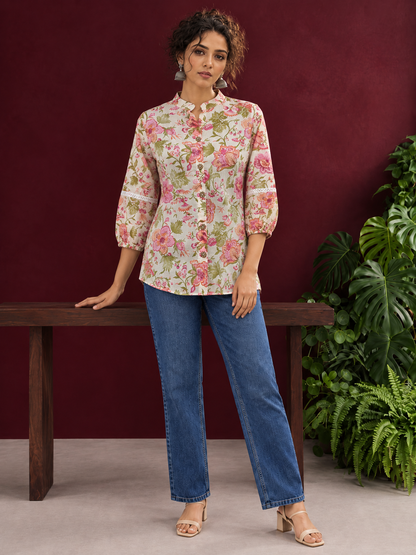 Ivory Cotton Floral Printed Shirt with Mandarin Collar and Lace-Trimmed Balloon Sleeves — front view