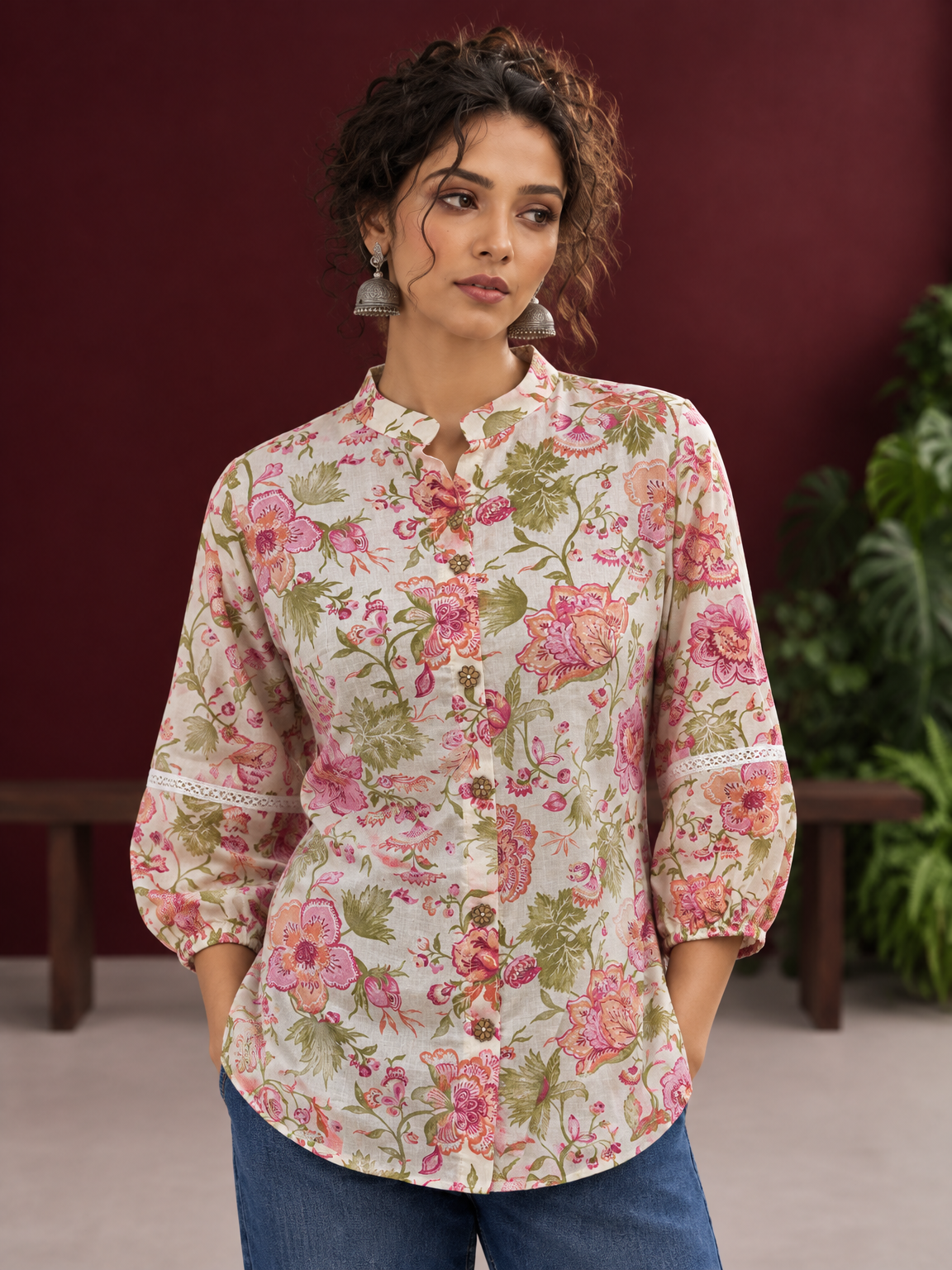 Ivory Cotton Floral Printed Shirt with Mandarin Collar and Lace-Trimmed Balloon Sleeves — fabric detail — view 4