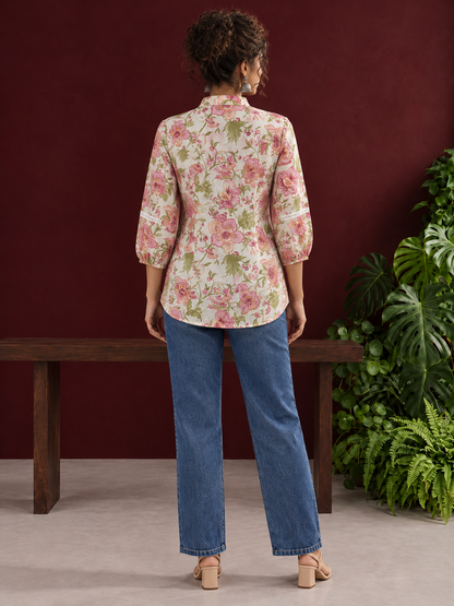Ivory Cotton Floral Printed Shirt with Mandarin Collar and Lace-Trimmed Balloon Sleeves — back view