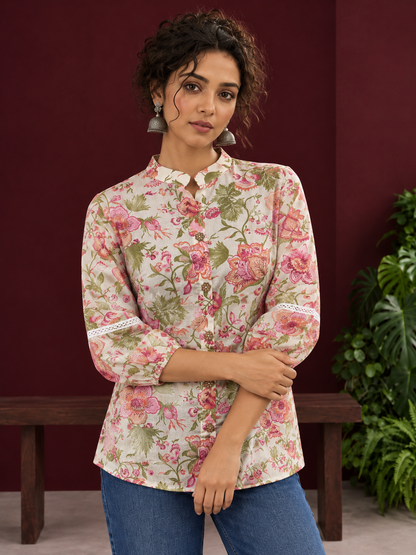 Ivory Cotton Floral Printed Shirt with Mandarin Collar and Lace-Trimmed Balloon Sleeves — styled view