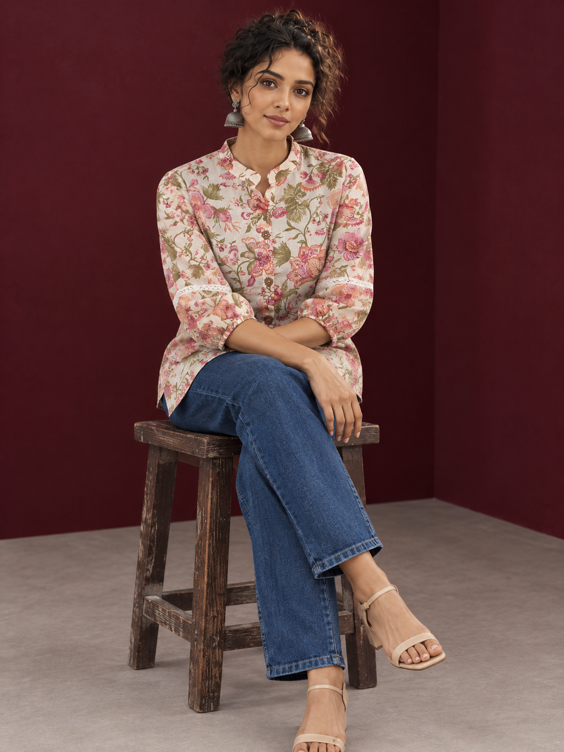 Ivory Cotton Floral Printed Shirt with Mandarin Collar and Lace-Trimmed Balloon Sleeves