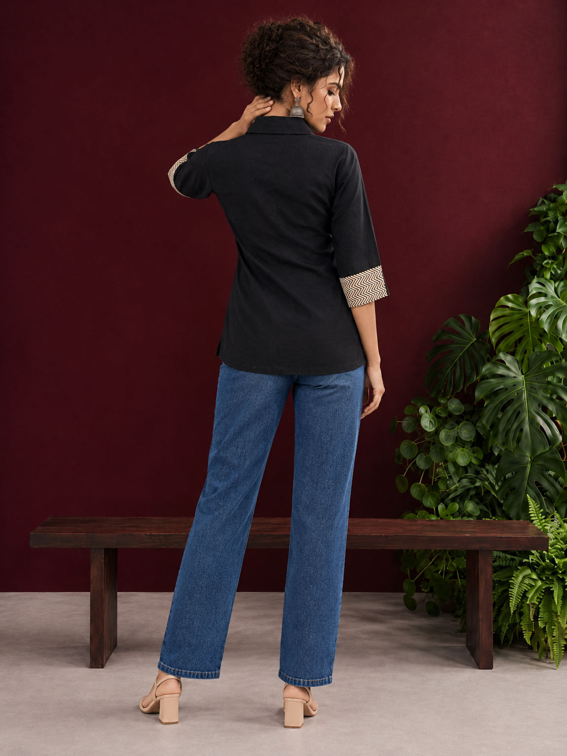 Classic Black Cotton Shirt with Contrast Ajrakh Chevron Print Cuffs & Patch Pocket Detail — back view — view 5