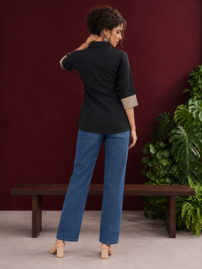 Classic Black Cotton Shirt with Contrast Ajrakh Chevron Print Cuffs & Patch Pocket Detail — back view