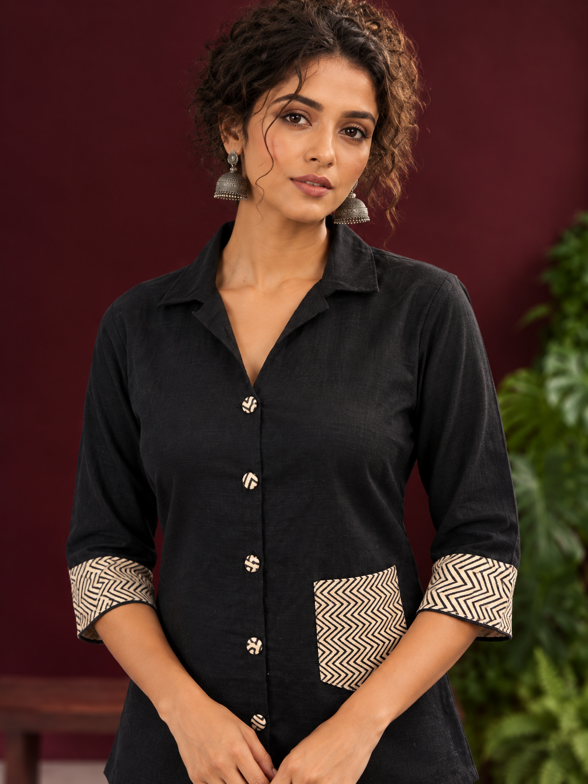 Classic Black Cotton Shirt with Contrast Ajrakh Chevron Print Cuffs & Patch Pocket Detail — fabric detail — view 3