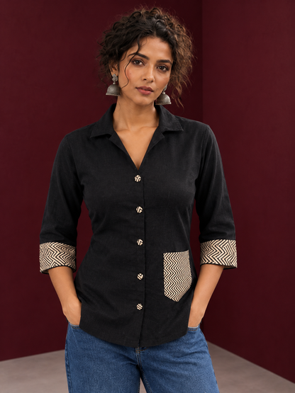 Classic Black Cotton Shirt with Contrast Ajrakh Chevron Print Cuffs & Patch Pocket Detail — styled view