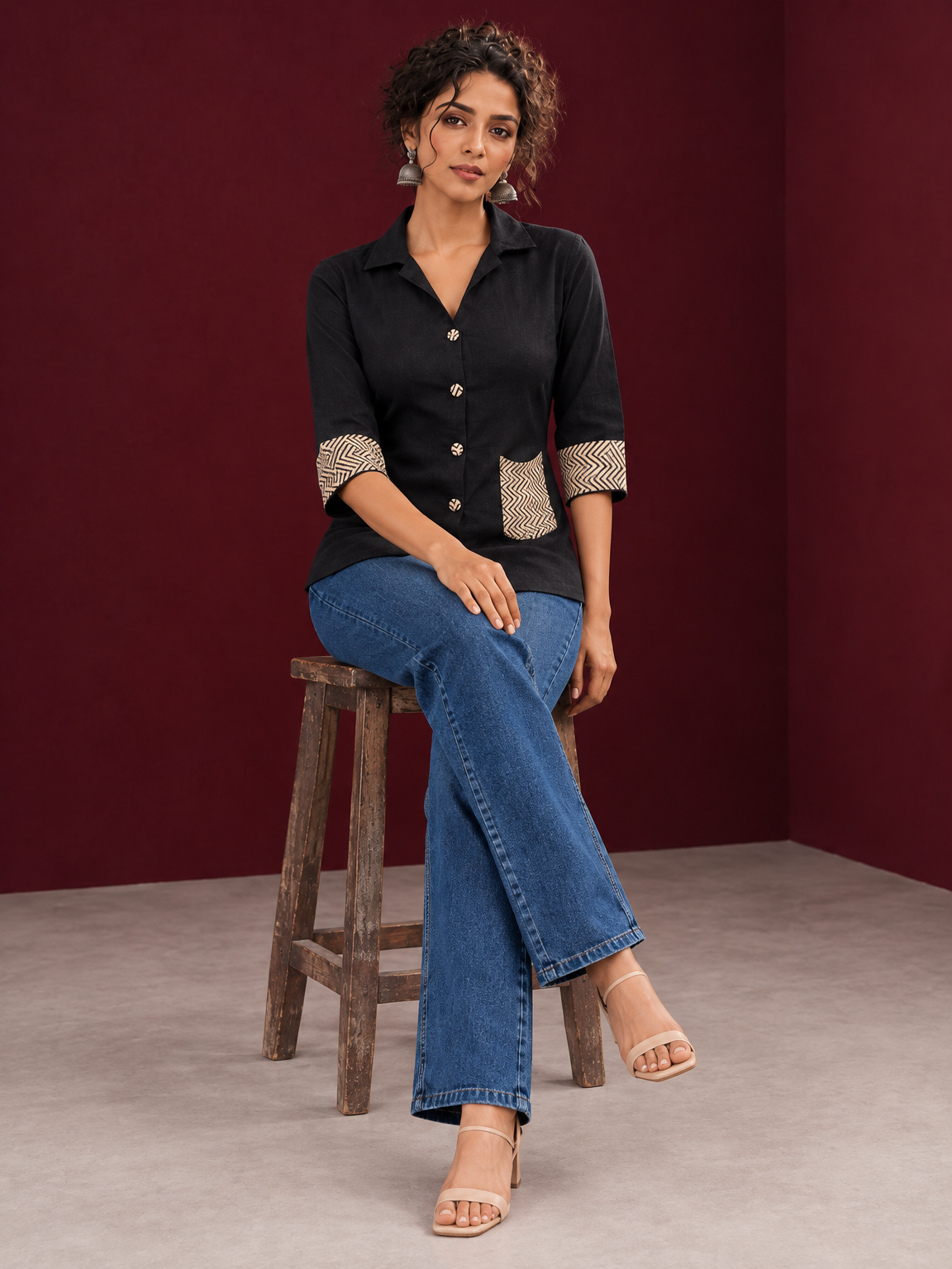 Classic Black Cotton Shirt with Contrast Ajrakh Chevron Print Cuffs & Patch Pocket Detail — seated — view 2
