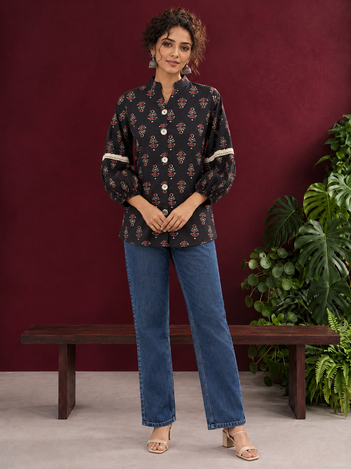 Classic Black Cotton Shirt with Ajrakh-Inspired Floral Block Print & Lace Inset Sleeves — front view — view 2