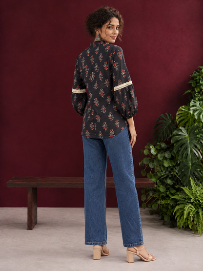 Classic Black Cotton Shirt with Ajrakh-Inspired Floral Block Print & Lace Inset Sleeves — back view