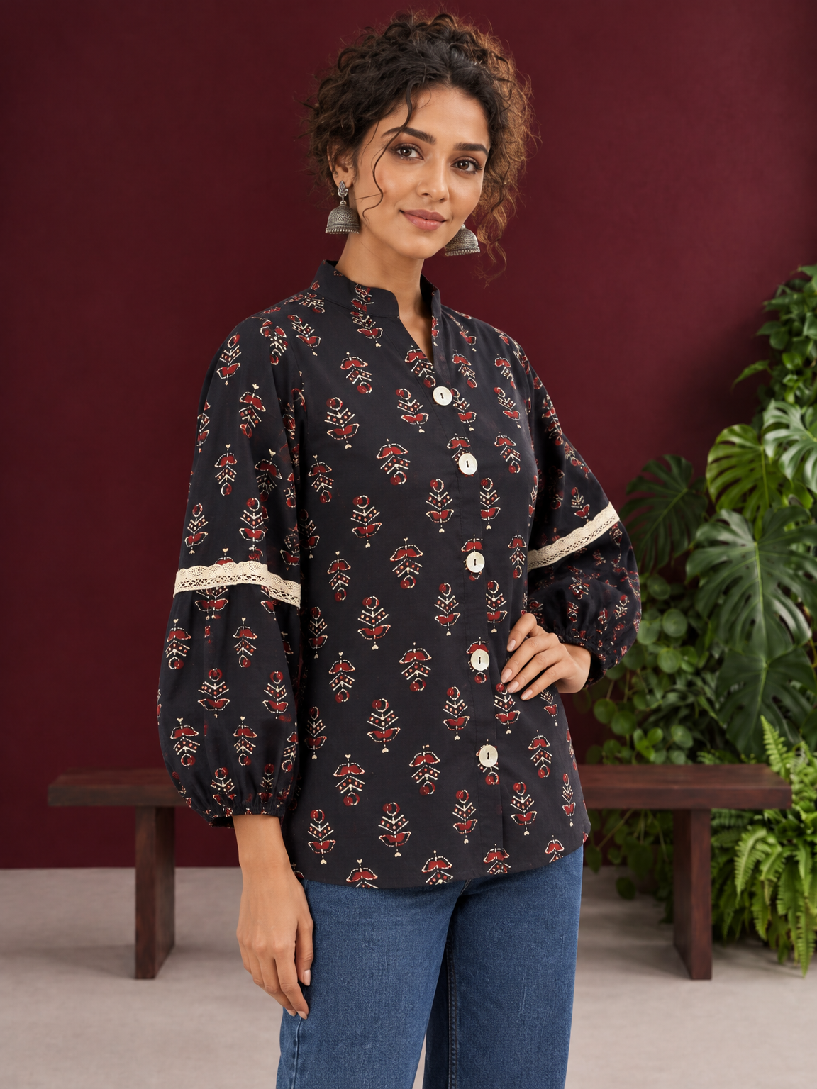 Classic Black Cotton Shirt with Ajrakh-Inspired Floral Block Print & Lace Inset Sleeves — styled view — view 3