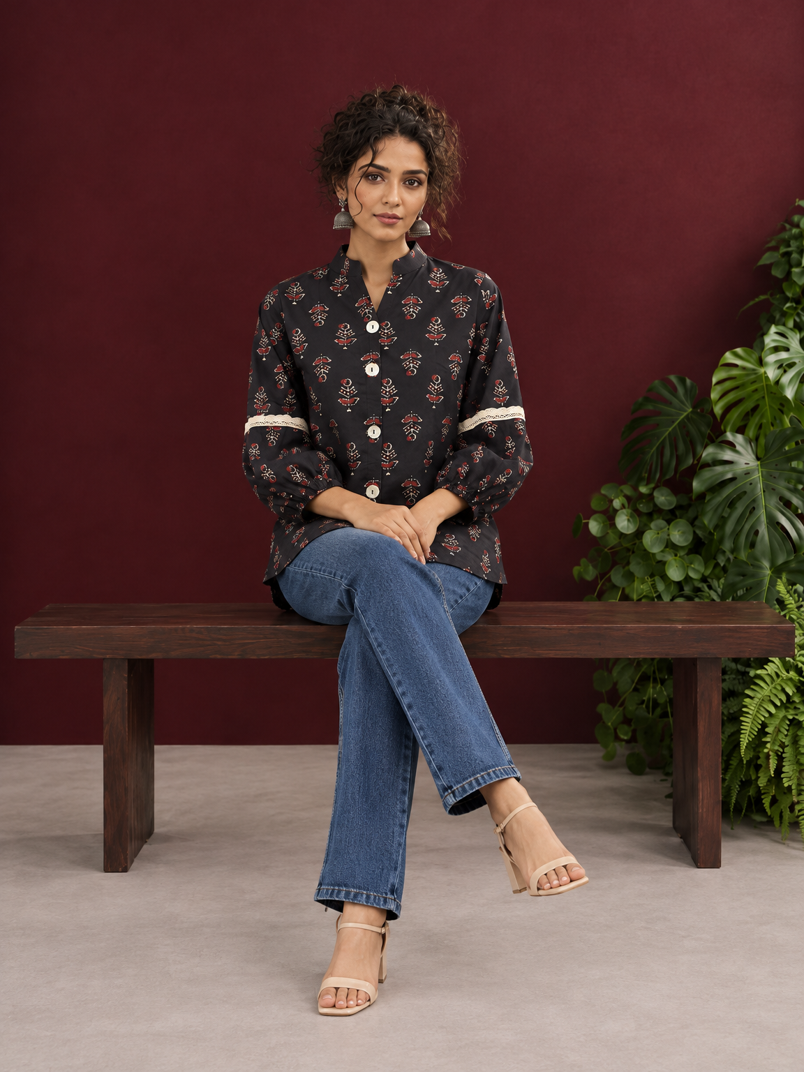 Classic Black Cotton Shirt with Ajrakh-Inspired Floral Block Print & Lace Inset Sleeves