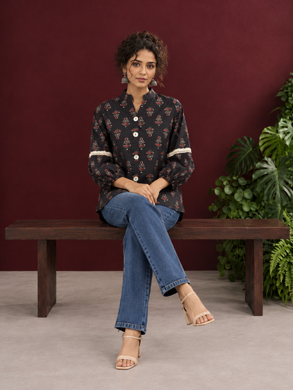 Classic Black Cotton Shirt with Ajrakh-Inspired Floral Block Print & Lace Inset Sleeves — seated