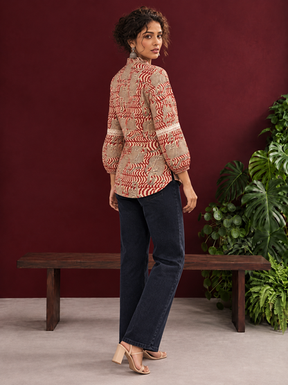 Classic Rust Cotton Shirt with Allover Maroon Print, Mandarin Collar & Lace Trim Sleeves — back view
