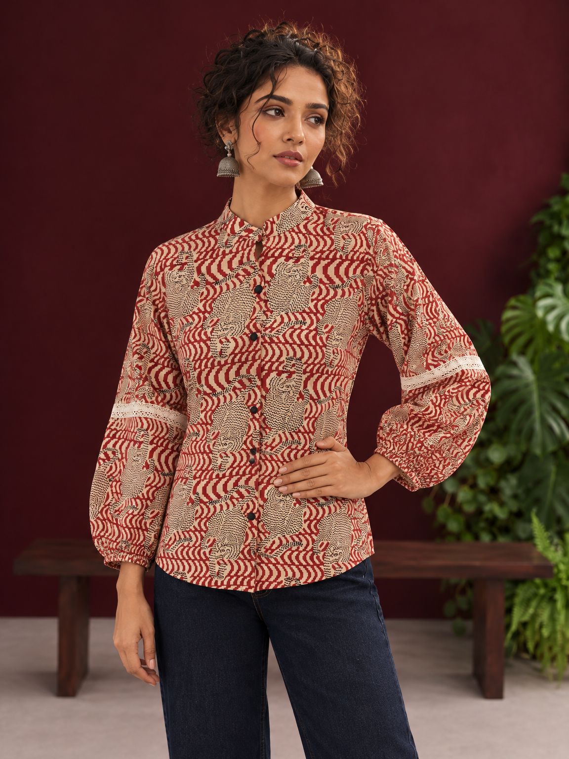 Classic Rust Cotton Shirt with Allover Maroon Print, Mandarin Collar & Lace Trim Sleeves — fabric detail — view 4