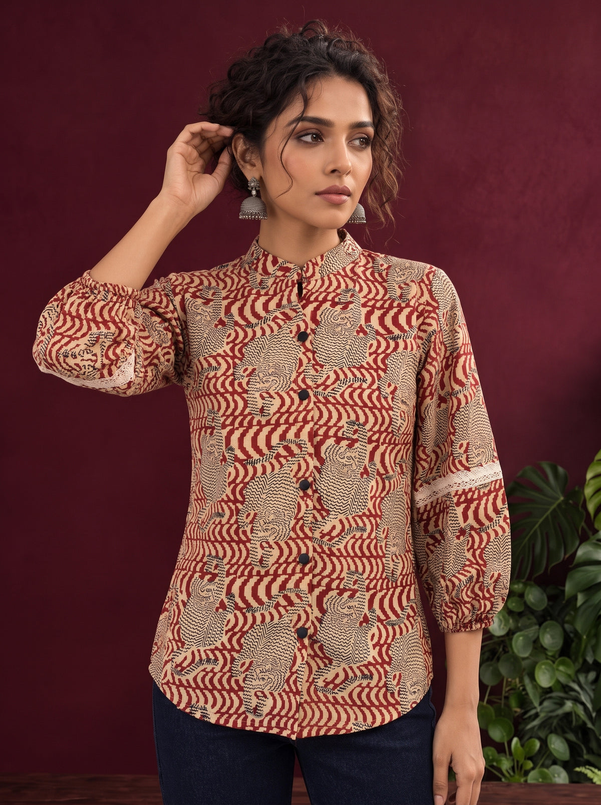 Classic Rust Cotton Shirt with Allover Maroon Print, Mandarin Collar & Lace Trim Sleeves — styled view — view 3
