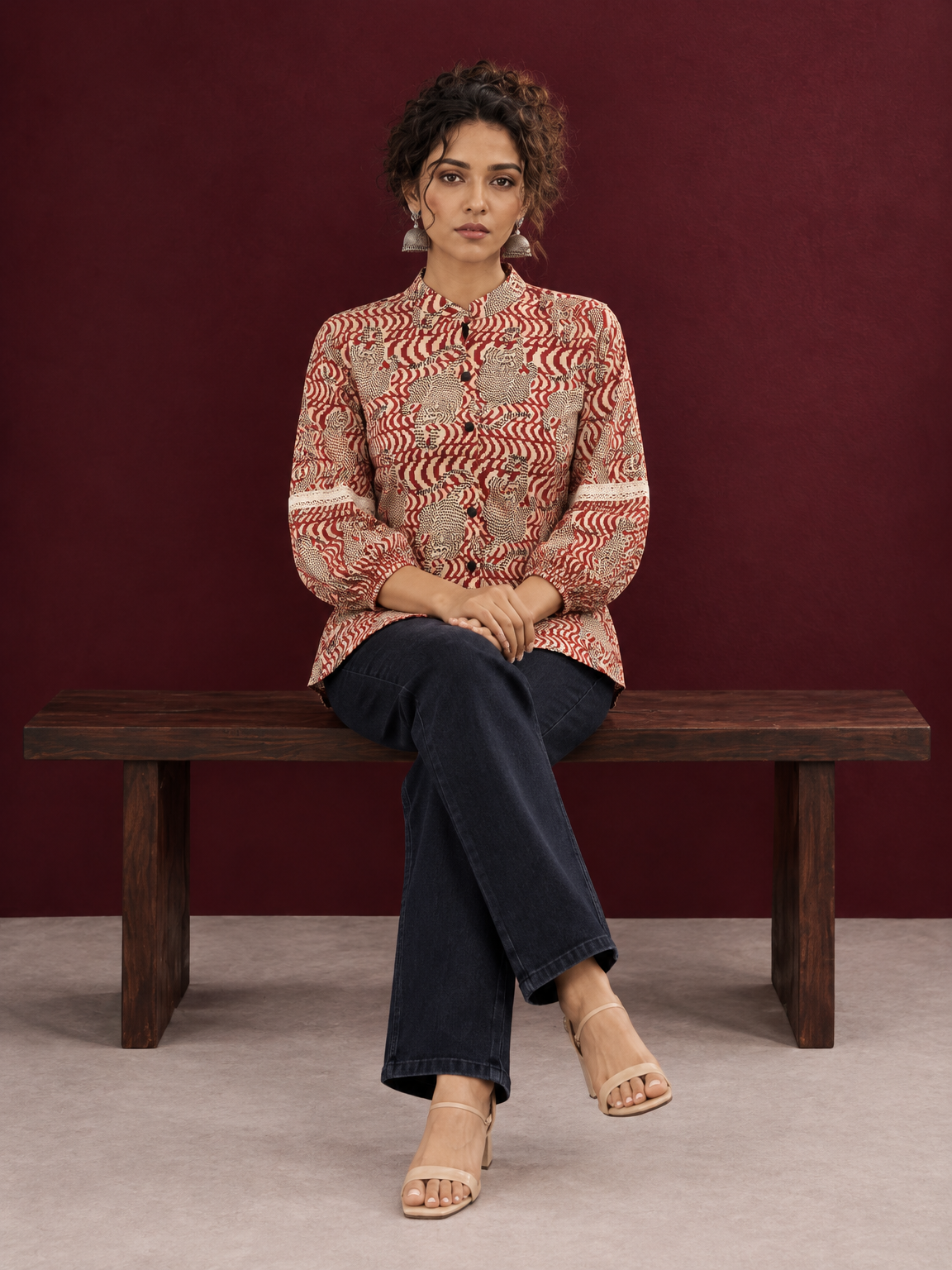 Classic Rust Cotton Shirt with Allover Maroon Print, Mandarin Collar & Lace Trim Sleeves — seated — view 2