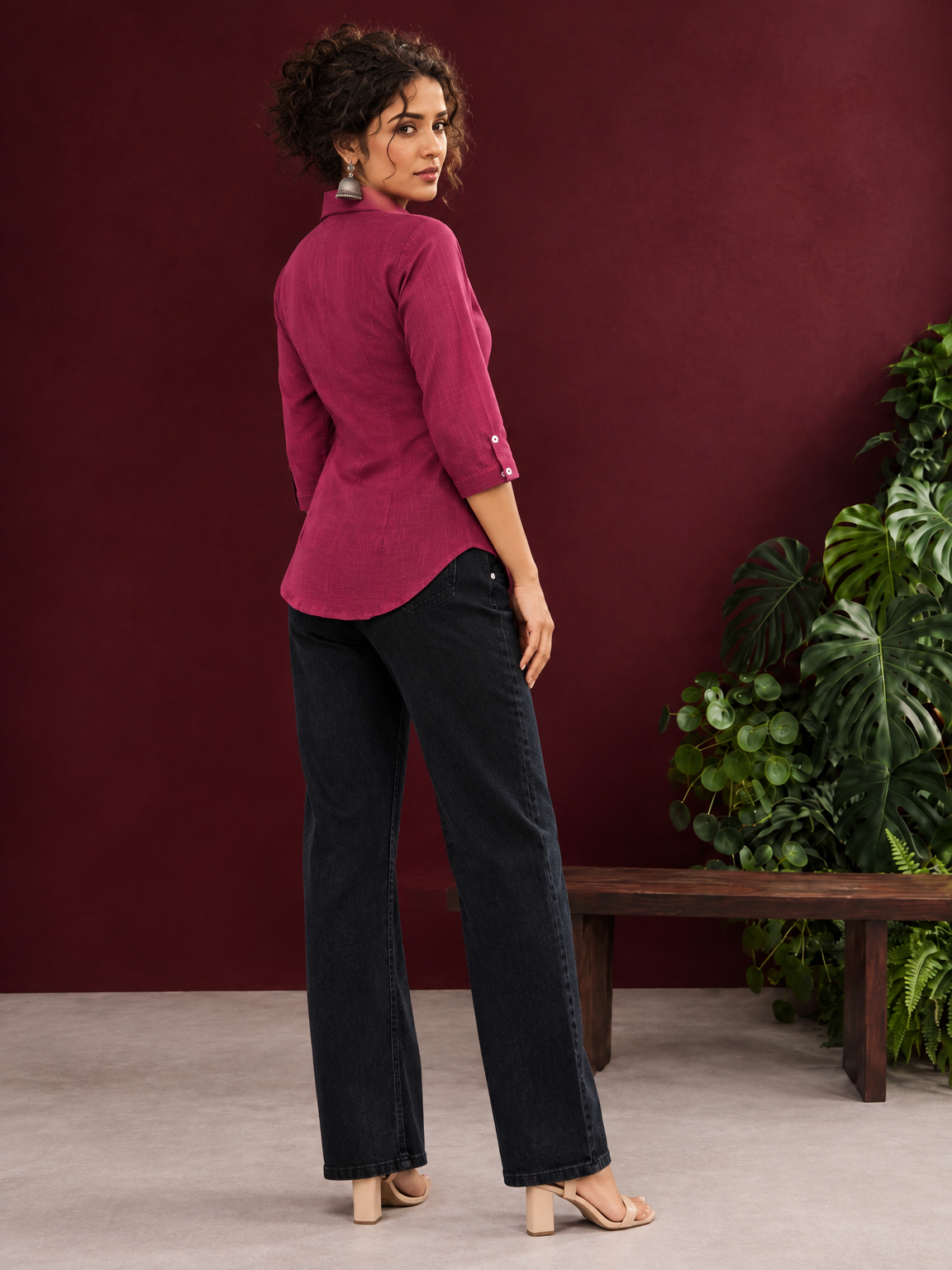 Classic Magenta Solid Cotton Shirt with Collar and Three-Quarter Sleeves — back view — view 5