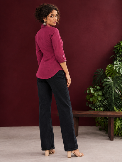 Classic Magenta Solid Cotton Shirt with Collar and Three-Quarter Sleeves — back view