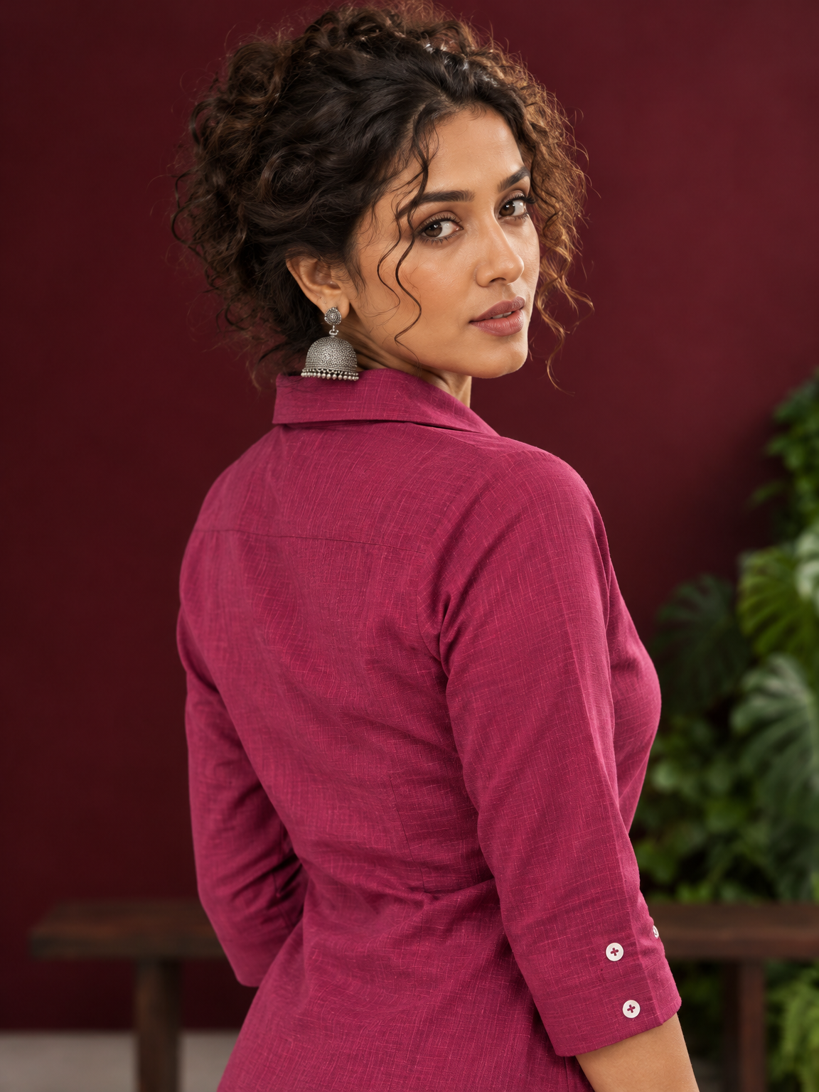 Classic Magenta Solid Cotton Shirt with Collar and Three-Quarter Sleeves — fabric detail — view 4